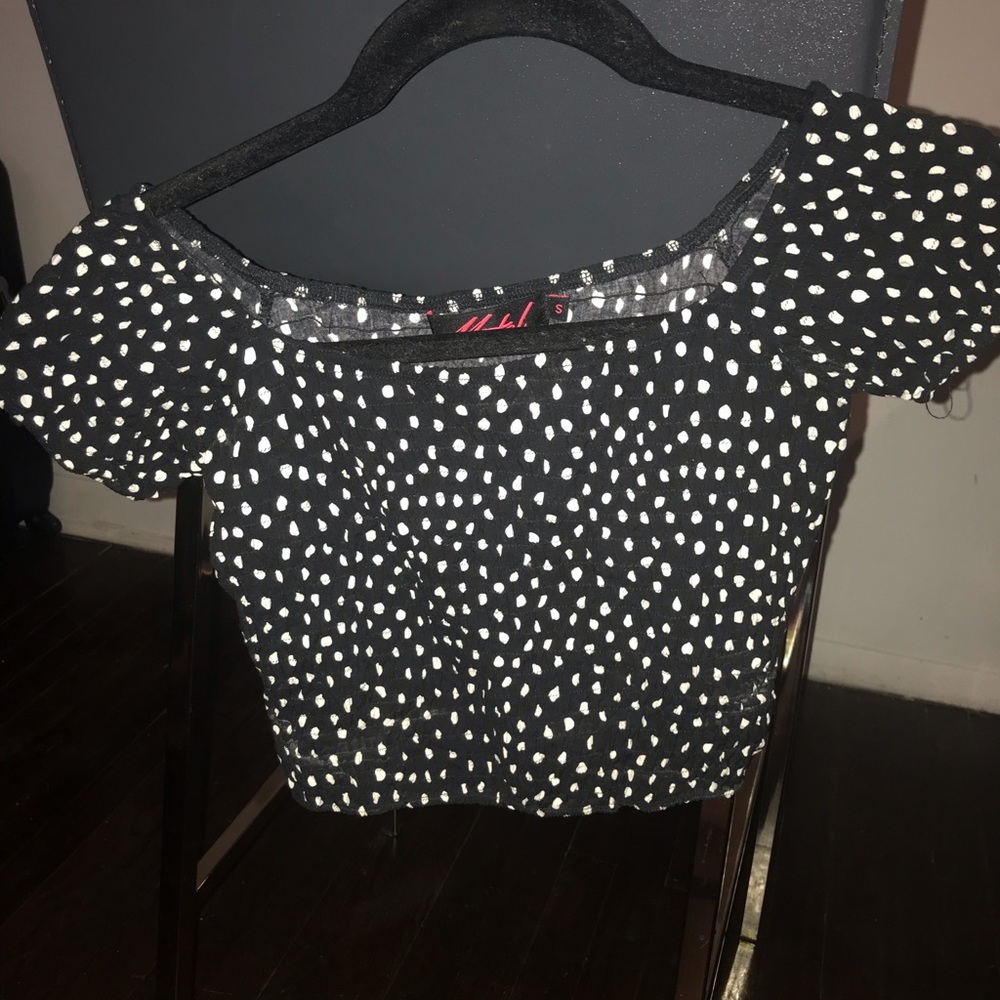 Motel off shoulder crop polka dot shirt
